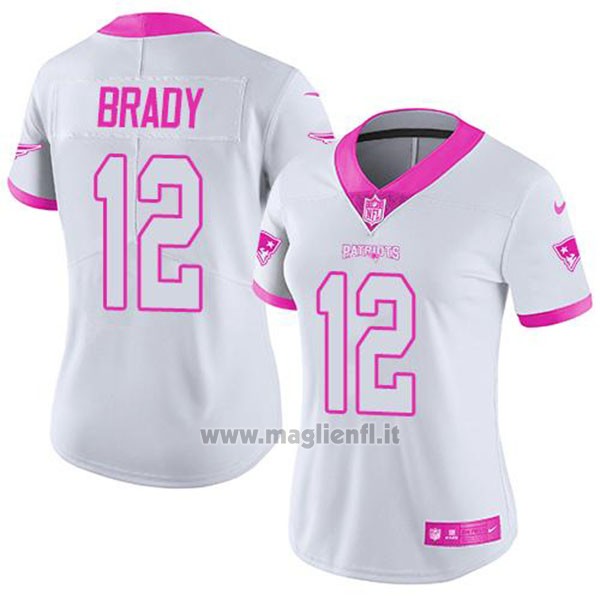 Maglia NFL Limited Donna New England Patriots 12 Tom Brady Bianco Rosa Stitched Rush Fashion